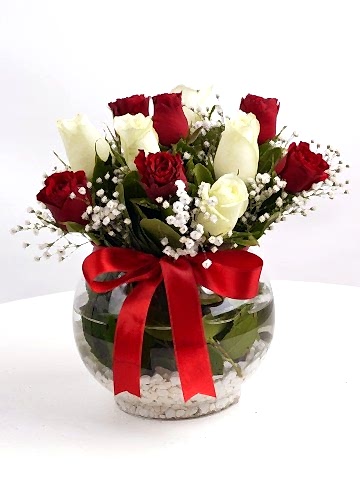 Aşk Küresi Kırmızı Beyaz Güller Aranjmanlar çiçek gönder